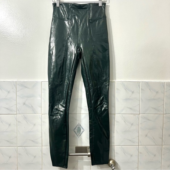 Spanx Faux Leather Patent Compression Liquid Gloss Leggings Green XS Baddie Punk - Picture 1 of 9